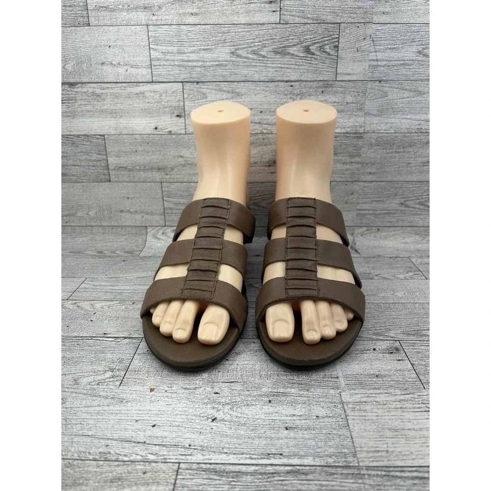 Clarks Bendables Women Size‎ 7M Brown Leather Pleated Wedge Slide Sandals 81069